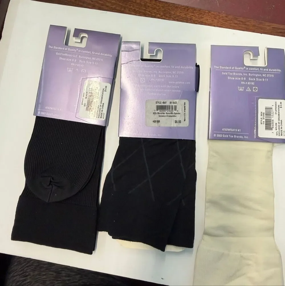 3 Pairs Goldtone Knee High Trouser Socks Womens Size 6-9 NEW TAGS Black Cream